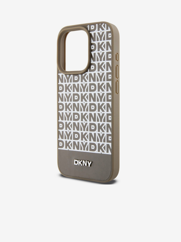 DKNY PU kožený zadný kryt Repeat Pattern Bottom Stripe MagSafe pre iPhone 15 Pro Max Brown DKNY