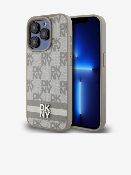 DKNY PU kožený zadný kryt so šachovnicovým vzorom a pruhmi pre iPhone 14 Pro Beige DKNY