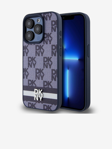 DKNY PU kožený zadný kryt so šachovnicovým vzorom a pruhmi pre iPhone 15 Pro modrý DKNY