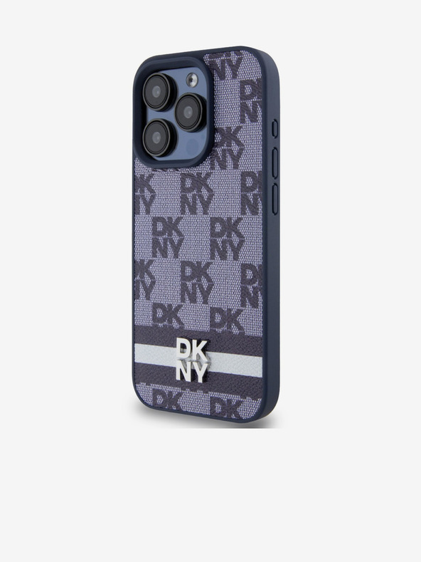 DKNY PU kožený zadný kryt so šachovnicovým vzorom a pruhmi pre iPhone 15 Pro modrý DKNY