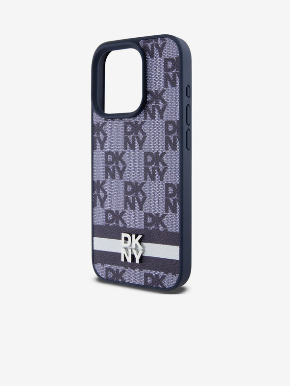 DKNY PU kožený zadný kryt so šachovnicovým vzorom a pruhmi pre iPhone 15 Pro modrý DKNY