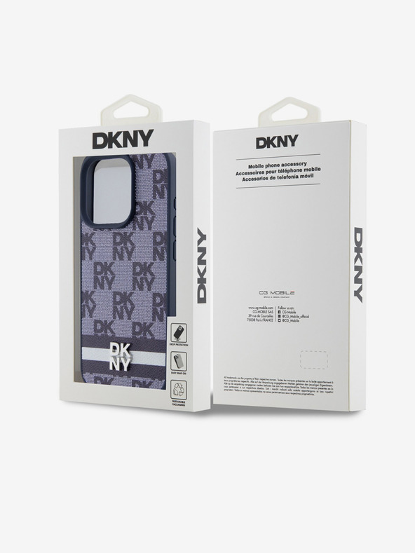 DKNY PU kožený zadný kryt so šachovnicovým vzorom a pruhmi pre iPhone 15 Pro modrý DKNY