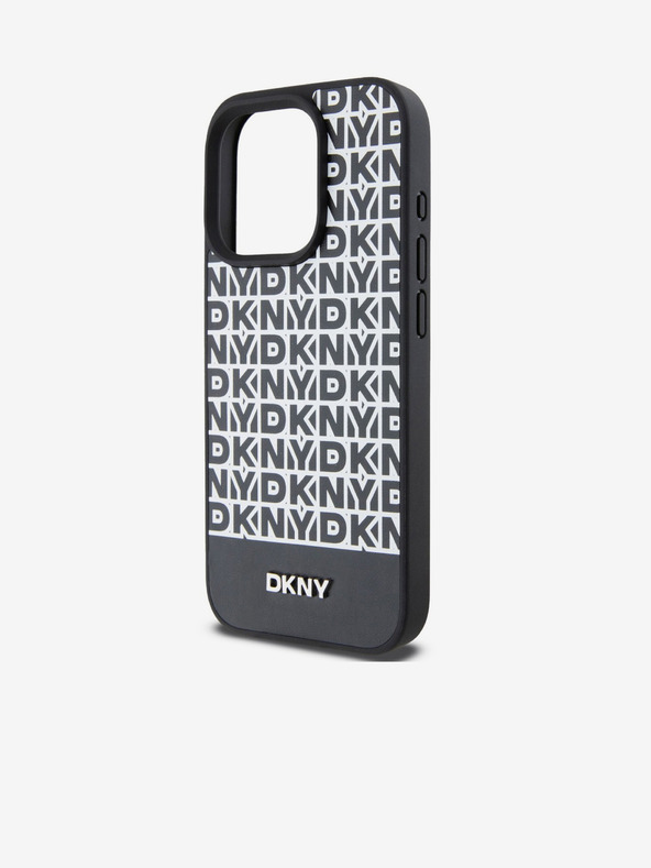 DKNY PU kožený zadný kryt Repeat Pattern Bottom Stripe MagSafe pre iPhone 14 Pro Max Black DKNY