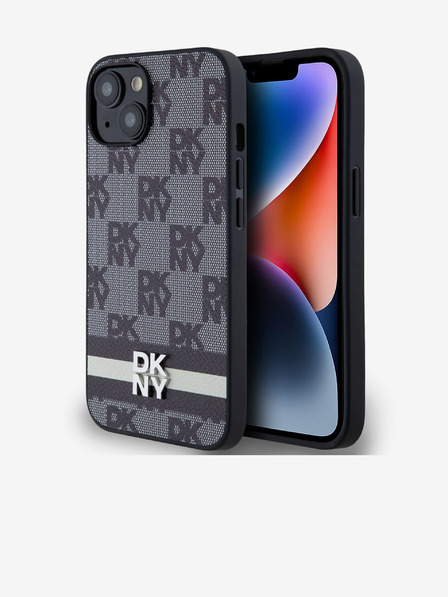 DKNY PU kožený károvaný zadný kryt so vzorom a pruhmi pre iPhone 13 čierny DKNY