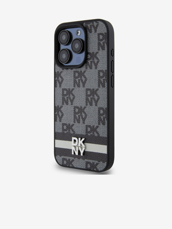 DKNY PU kožený zadný kryt s károvaným vzorom a pruhmi pre iPhone 13 Pro čierny DKNY