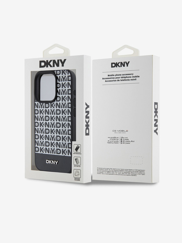 DKNY PU kožený zadný kryt Repeat Pattern Bottom Stripe MagSafe pre iPhone 13 Pro Max Black DKNY
