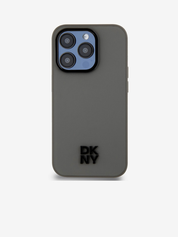 DKNY PU kožený zadný kryt Magsafe so stohom loga pre iPhone 15 Pro sivý DKNY