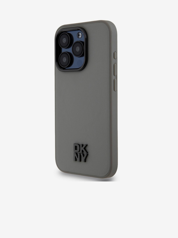 DKNY PU kožený zadný kryt Magsafe so stohom loga pre iPhone 15 Pro sivý DKNY