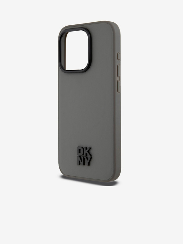 DKNY PU kožený zadný kryt Magsafe so stohom loga pre iPhone 15 Pro sivý DKNY