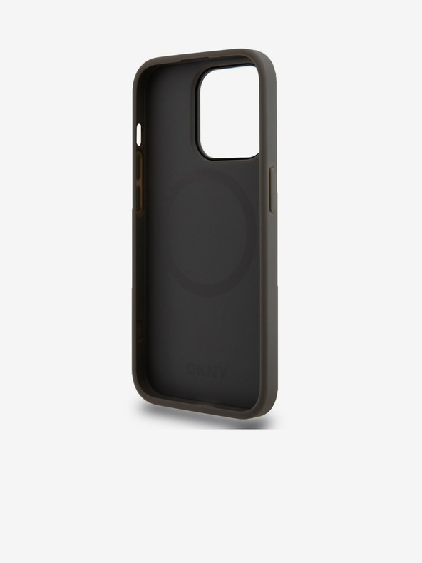 DKNY PU kožený zadný kryt Magsafe so stohom loga pre iPhone 15 Pro sivý DKNY