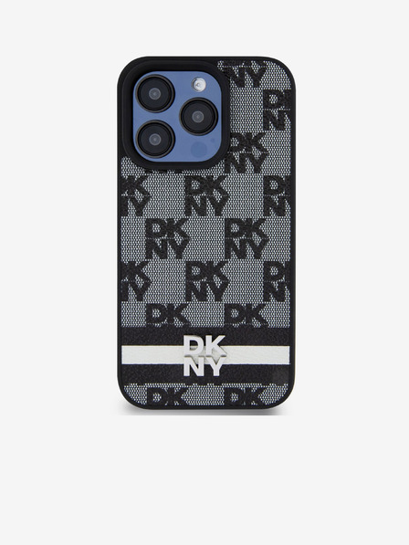DKNY PU kožený zadný kryt so šachovnicovým vzorom a pruhmi pre iPhone 14 Pro Black DKNY