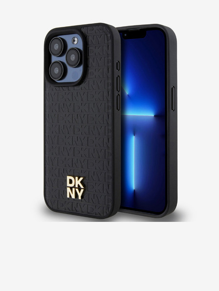 DKNY PU kožený zadný kryt s opakujúcim sa vzorom Stack Logo Magsafe pre iPhone 15 Pro Max Black DKNY