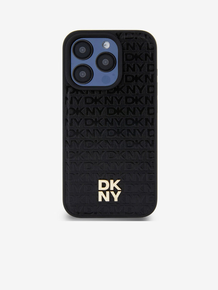 DKNY PU kožený zadný kryt s opakujúcim sa vzorom Stack Logo Magsafe pre iPhone 15 Pro Max Black DKNY