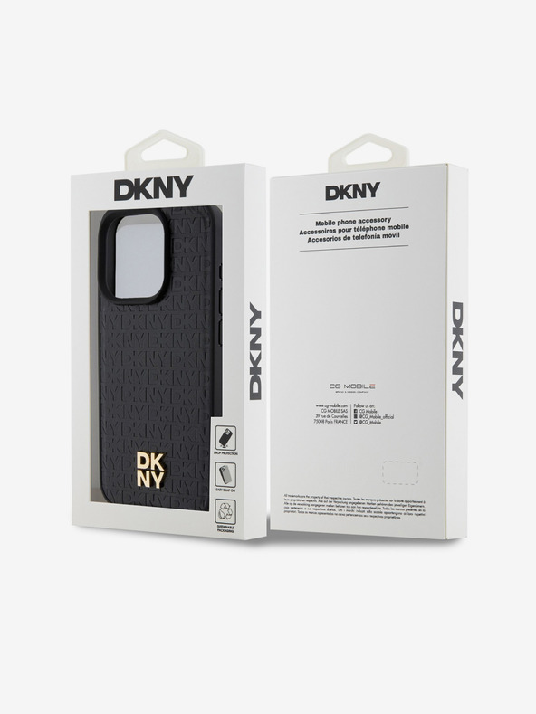 DKNY PU kožený zadný kryt s opakujúcim sa vzorom Stack Logo Magsafe pre iPhone 15 Pro Max Black DKNY