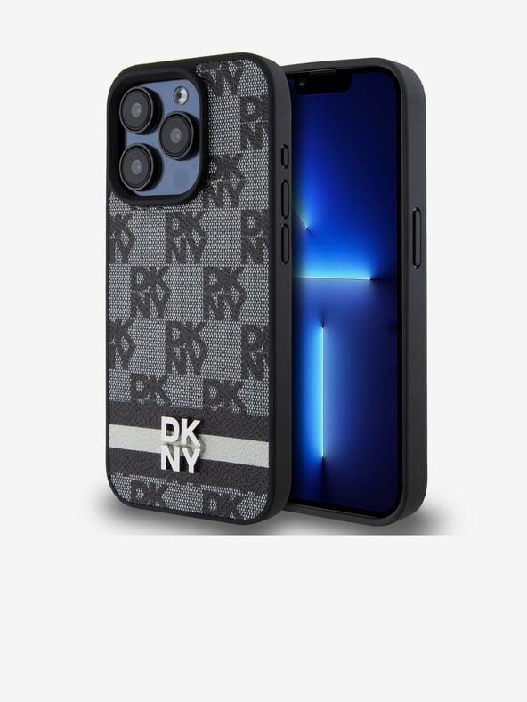 DKNY PU kožený zadný kryt so šachovnicovým vzorom a pruhmi pre iPhone 15 Pro Max Black DKNY