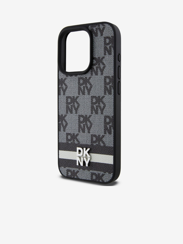 DKNY PU kožený zadný kryt so šachovnicovým vzorom a pruhmi pre iPhone 15 Pro Max Black DKNY