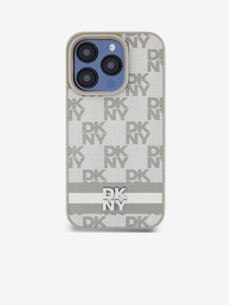 DKNY PU kožený zadný kryt so šachovnicovým vzorom a pruhmi pre iPhone 13 Pro Beige DKNY