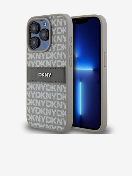 DKNY PU kožený zadný kryt s opakujúcim sa vzorom Tonal Stripe pre iPhone 15 Pro Beige DKNY