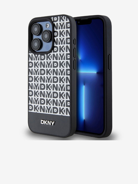 DKNY PU kožený zadný kryt Repeat Pattern Bottom Stripe MagSafe pre iPhone 14 Pro Black DKNY