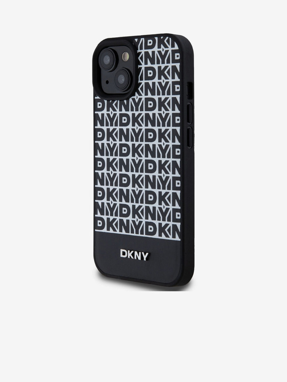 DKNY PU kožený zadný kryt Repeat Pattern Bottom Stripe MagSafe pre iPhone 15 Black DKNY