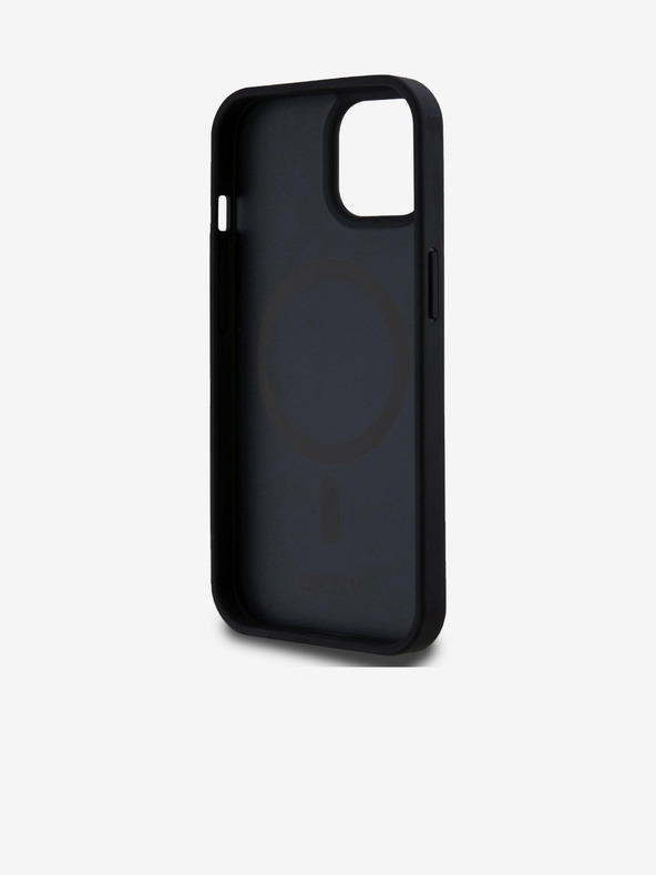 DKNY PU kožený zadný kryt Repeat Pattern Bottom Stripe MagSafe pre iPhone 15 Black DKNY