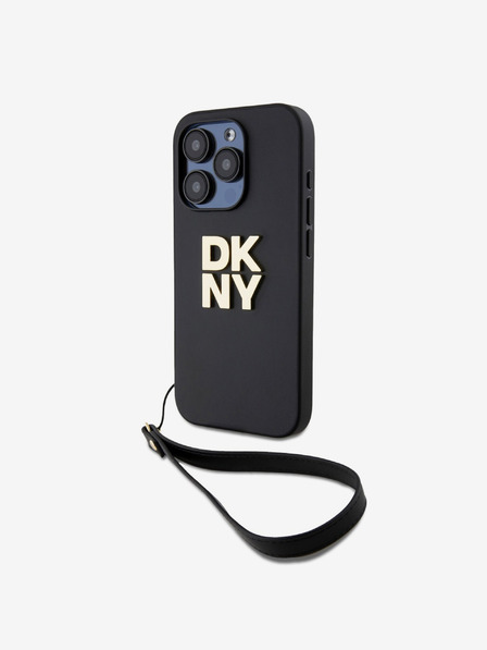 DKNY PU kožený zadný kryt s logom Stack Wrist Strap pre iPhone 15 Pro Max Black DKNY
