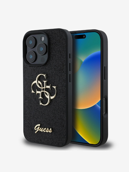 Guess Guess PU Pevný zadný kryt s kovovým logom 4G Glitter pre iPhone 16 Pro Max Black