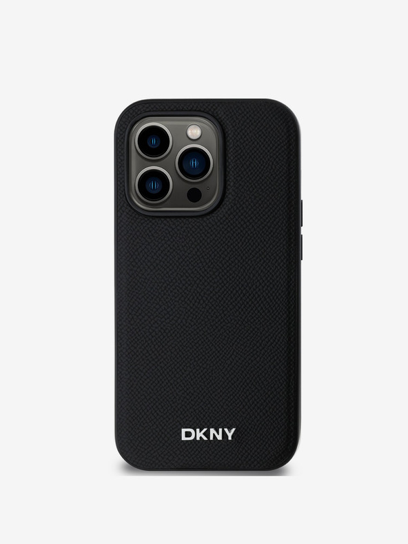 DKNY PU kožený strieborný kovový zadný kryt s logom Magsafe pre iPhone 14 Pro Max Black DKNY