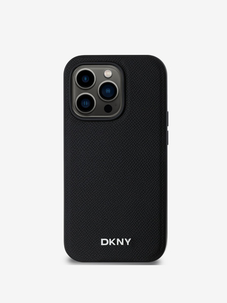 DKNY PU kožený strieborný kovový zadný kryt s logom Magsafe pre iPhone 14 Pro Max Black DKNY