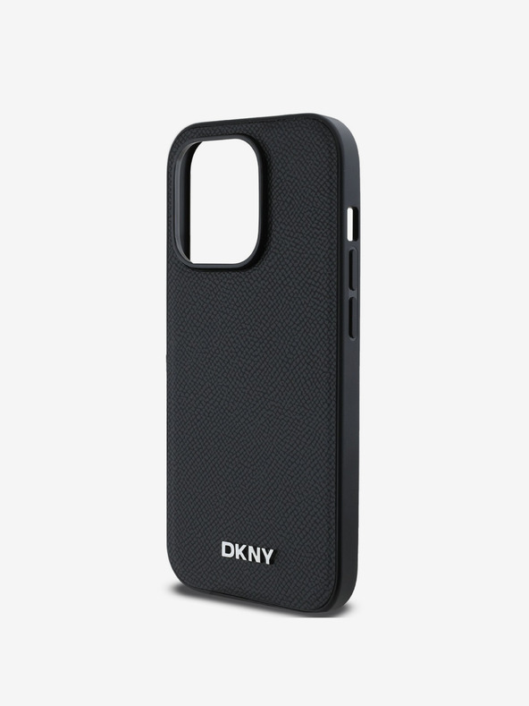 DKNY PU kožený strieborný kovový zadný kryt s logom Magsafe pre iPhone 14 Pro Max Black DKNY