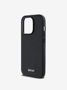 DKNY PU kožený strieborný kovový zadný kryt s logom Magsafe pre iPhone 14 Pro Max Black DKNY