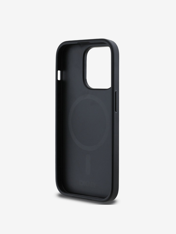 DKNY PU kožený strieborný kovový zadný kryt s logom Magsafe pre iPhone 14 Pro Max Black DKNY
