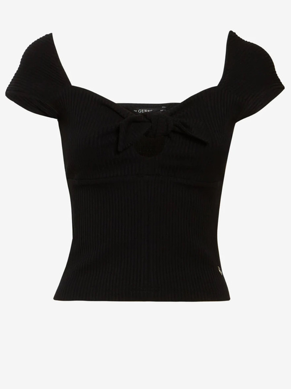 Guess Čierne dámske rebrované orezané tričko s mašľou Guess Valeriana