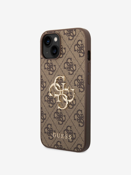 Guess Guess PU 4G kovový zadný kryt s logom pre iPhone 14 hnedý