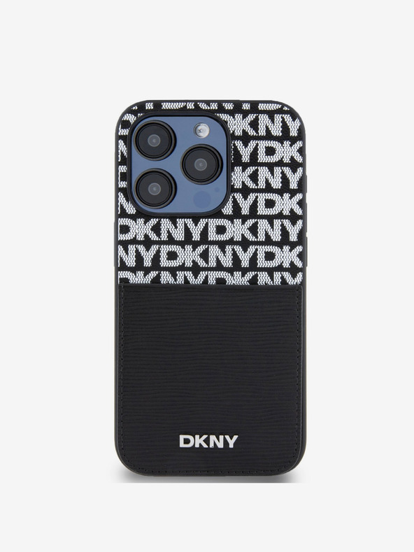 DKNY PU kožený zadný kryt s opakovaným vzorom vrecka na karty pre iPhone 14 Pro čierny DKNY