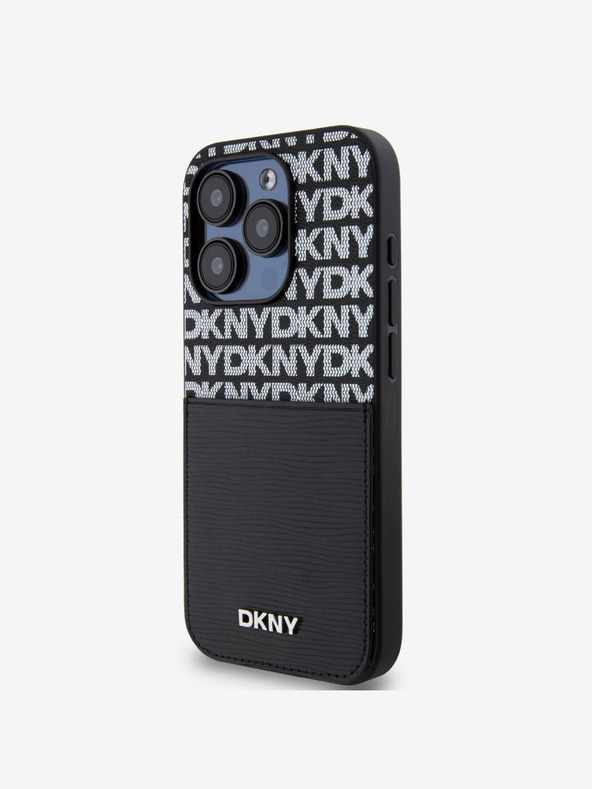 DKNY PU kožený zadný kryt s opakovaným vzorom vrecka na karty pre iPhone 14 Pro čierny DKNY
