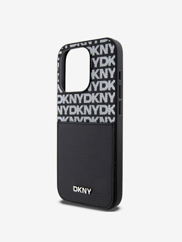 DKNY PU kožený zadný kryt s opakovaným vzorom vrecka na karty pre iPhone 14 Pro čierny DKNY