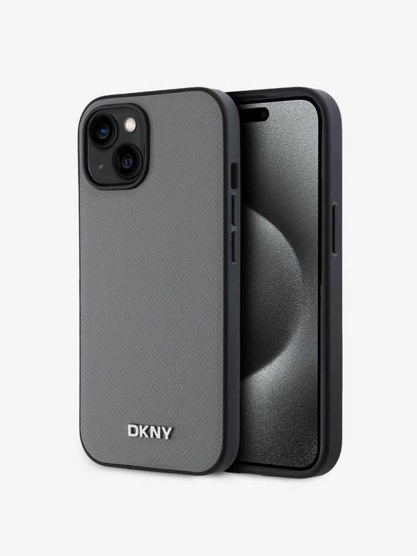 DKNY PU kožený strieborný kovový zadný kryt s logom Magsafe pre iPhone 13 sivý DKNY