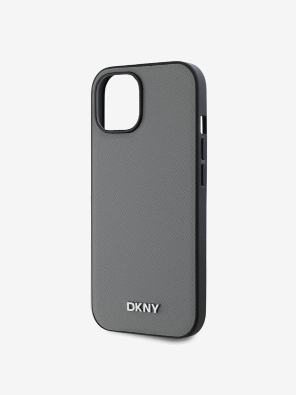 DKNY PU kožený strieborný kovový zadný kryt s logom Magsafe pre iPhone 13 sivý DKNY