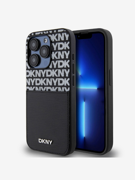 DKNY PU kožený zadný kryt s opakovaným vzorom vrecka na kartu pre iPhone 14 Pro Max Black DKNY