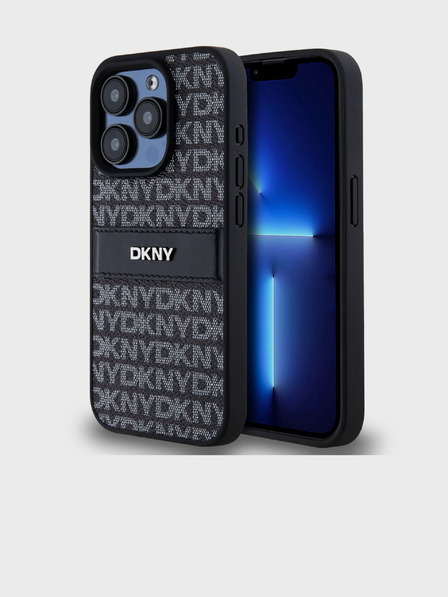 DKNY PU kožený zadný kryt Repeat Pattern Tonal Stripe pre iPhone 15 Pro Max Black DKNY