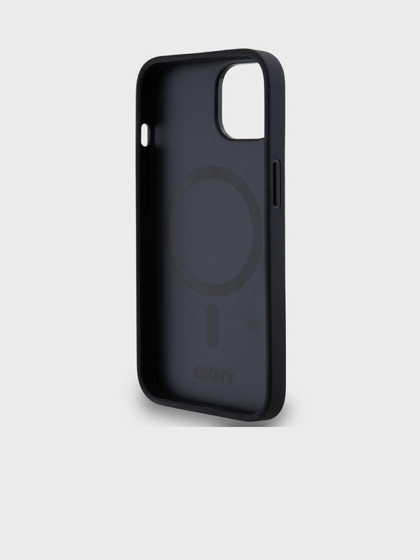 DKNY PU kožený zadný kryt Repeat Pattern Stack Logo Magsafe pre iPhone 15 Black DKNY
