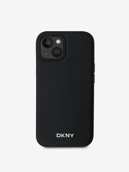 DKNY PU kožený zadný kryt Silver Metal Logo Magsafe pre iPhone 13 Black DKNY