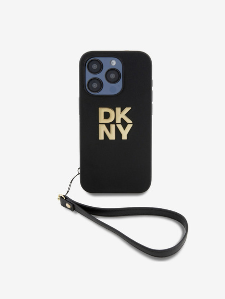 DKNY PU kožený zadný kryt s logom Stack Wrist Strap pre iPhone 14 Pro Max Black DKNY