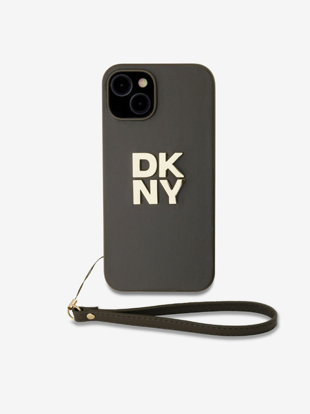 DKNY PU kožený zadný kryt s logom Stack Wrist Strap pre iPhone 14 Brown DKNY