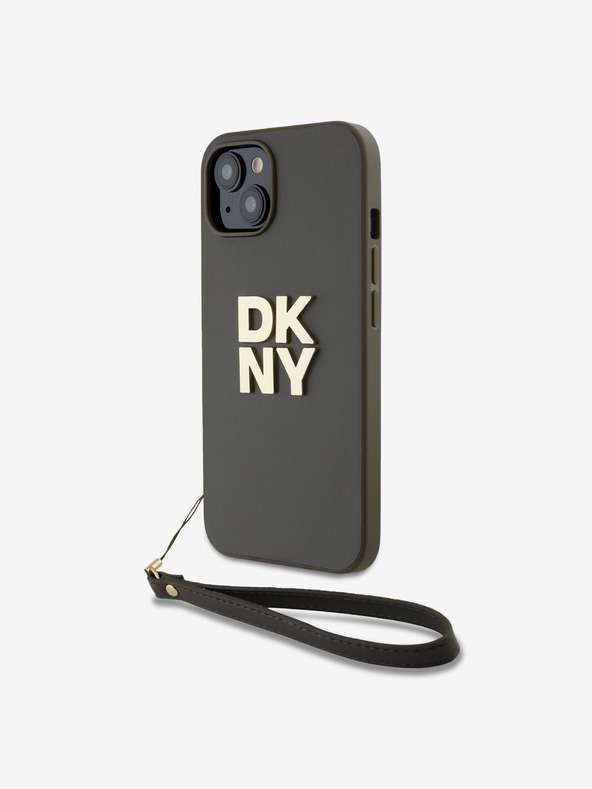 DKNY PU kožený zadný kryt s logom Stack Wrist Strap pre iPhone 14 Brown DKNY