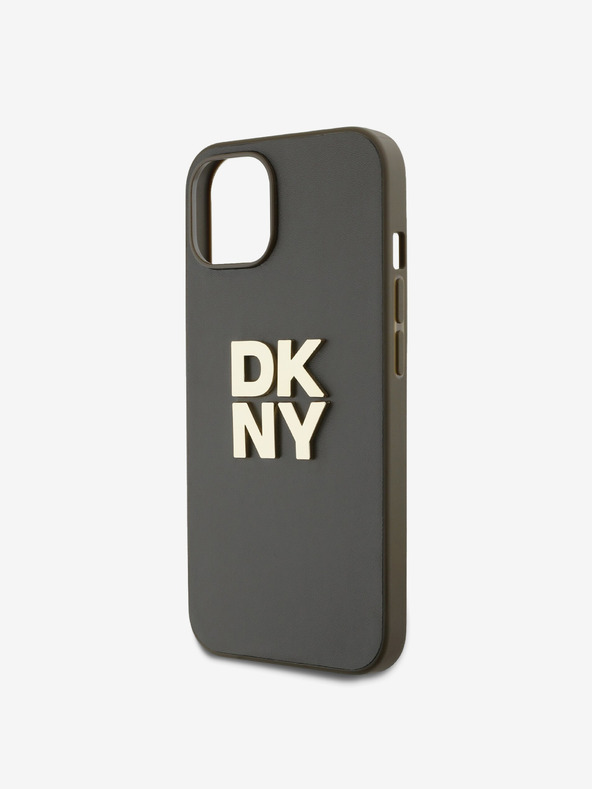 DKNY PU kožený zadný kryt s logom Stack Wrist Strap pre iPhone 14 Brown DKNY