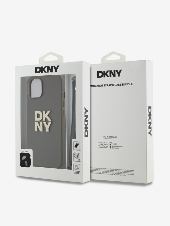 DKNY PU kožený zadný kryt s logom Stack Wrist Strap pre iPhone 14 Brown DKNY