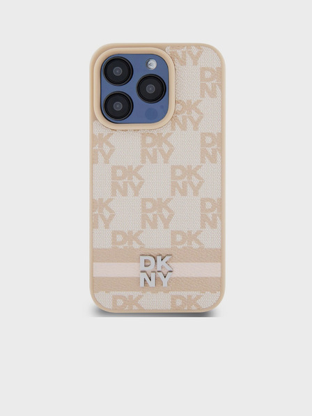 DKNY PU kožený zadný kryt so šachovnicovým vzorom a pruhmi pre iPhone 13 Pro Pink DKNY