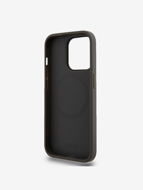 DKNY PU kožený zadný kryt s logom Magsafe pre iPhone 15 Pro Max sivý DKNY